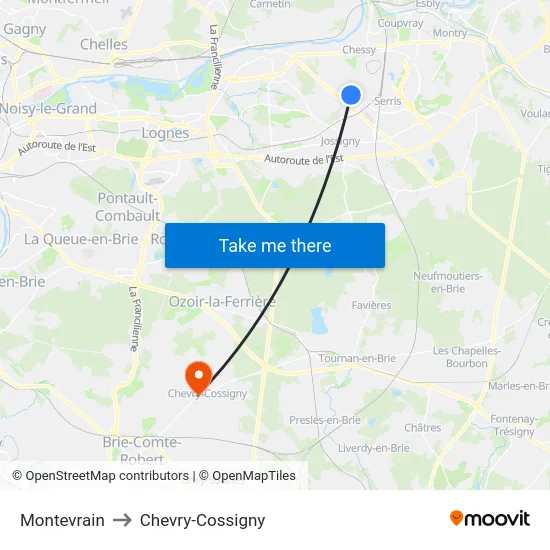 Montevrain to Chevry-Cossigny map