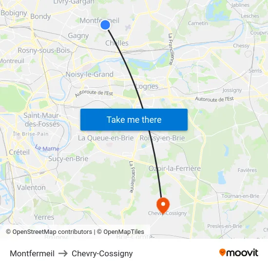 Montfermeil to Chevry-Cossigny map