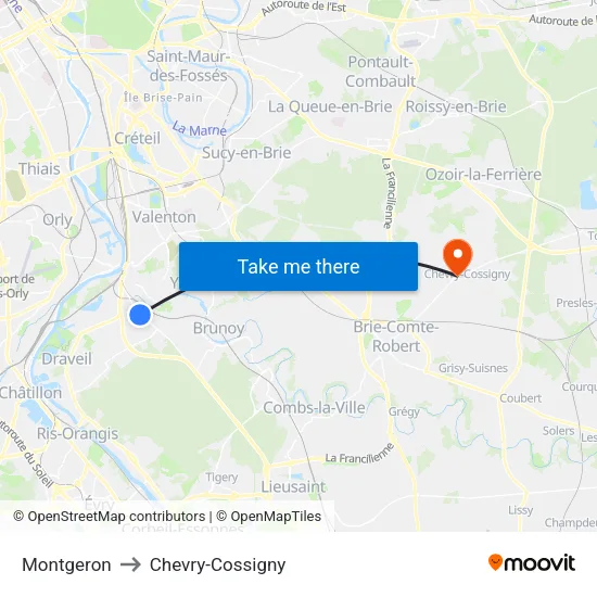 Montgeron to Chevry-Cossigny map