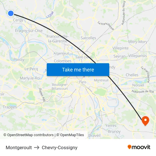 Montgeroult to Chevry-Cossigny map