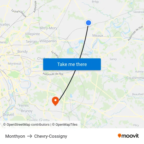 Monthyon to Chevry-Cossigny map