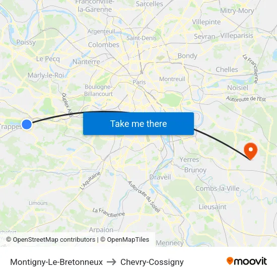Montigny-Le-Bretonneux to Chevry-Cossigny map