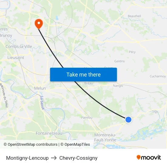 Montigny-Lencoup to Chevry-Cossigny map