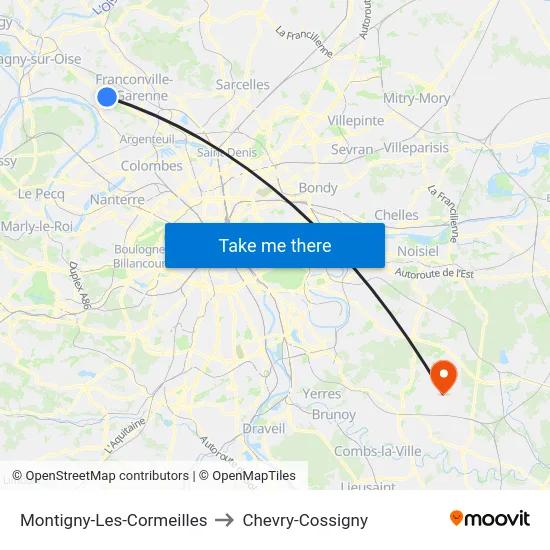 Montigny-Les-Cormeilles to Chevry-Cossigny map