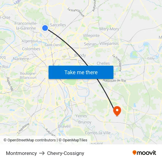 Montmorency to Chevry-Cossigny map