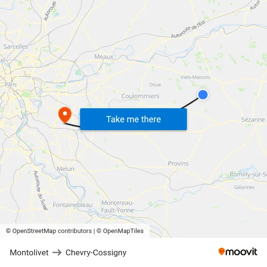 Montolivet to Chevry-Cossigny map