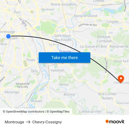 Montrouge to Chevry-Cossigny map