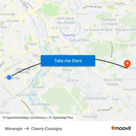Morangis to Chevry-Cossigny map