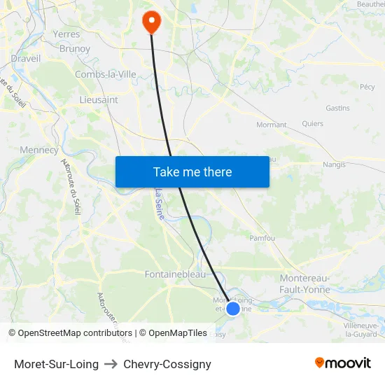 Moret-Sur-Loing to Chevry-Cossigny map