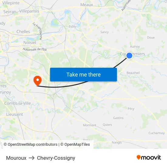 Mouroux to Chevry-Cossigny map