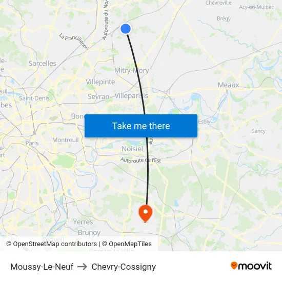 Moussy-Le-Neuf to Chevry-Cossigny map