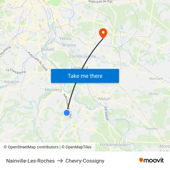 Nainville-Les-Roches to Chevry-Cossigny map