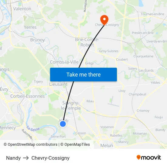 Nandy to Chevry-Cossigny map