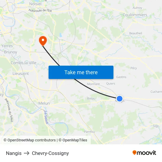 Nangis to Chevry-Cossigny map