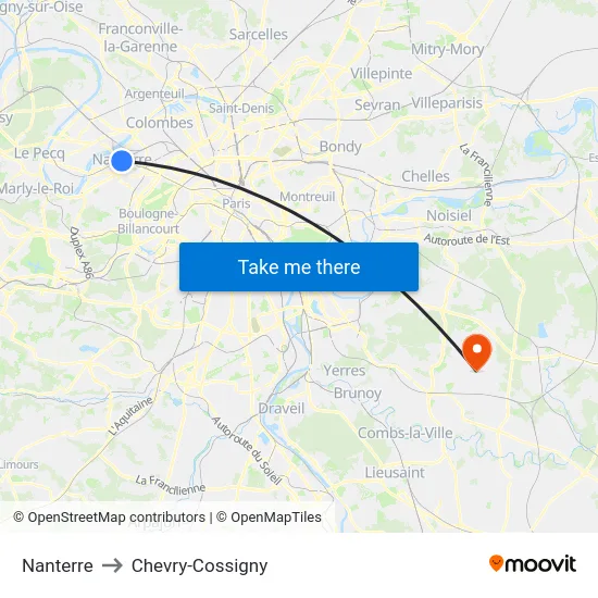 Nanterre to Chevry-Cossigny map