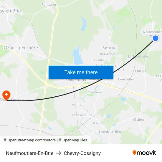 Neufmoutiers-En-Brie to Chevry-Cossigny map