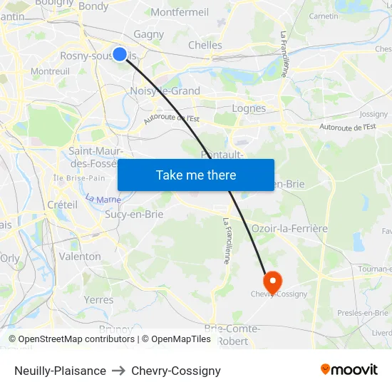 Neuilly-Plaisance to Chevry-Cossigny map