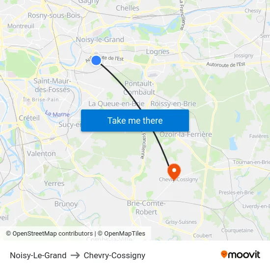 Noisy-Le-Grand to Chevry-Cossigny map