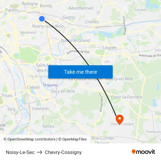 Noisy-Le-Sec to Chevry-Cossigny map