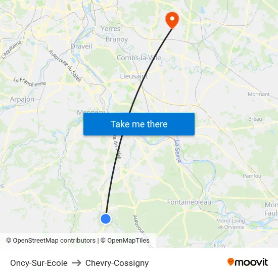 Oncy-Sur-Ecole to Chevry-Cossigny map