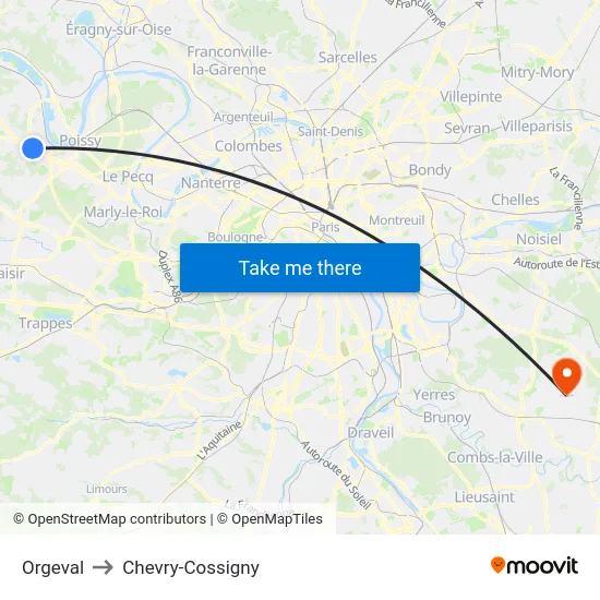 Orgeval to Chevry-Cossigny map
