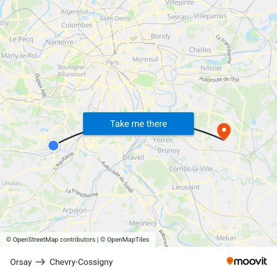 Orsay to Chevry-Cossigny map