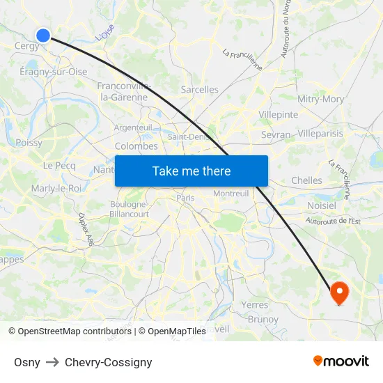 Osny to Chevry-Cossigny map