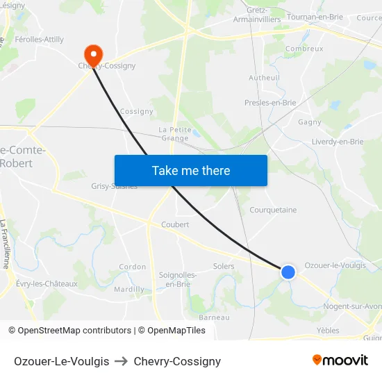Ozouer-Le-Voulgis to Chevry-Cossigny map