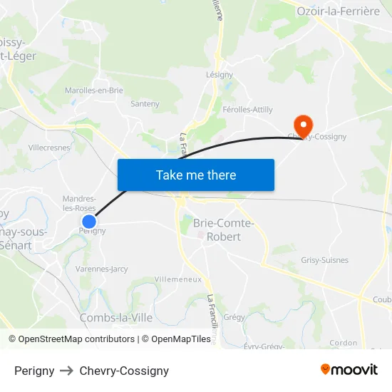 Perigny to Chevry-Cossigny map
