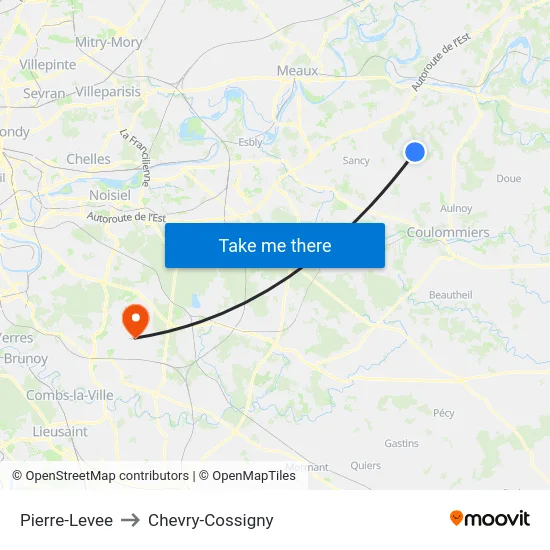 Pierre-Levee to Chevry-Cossigny map