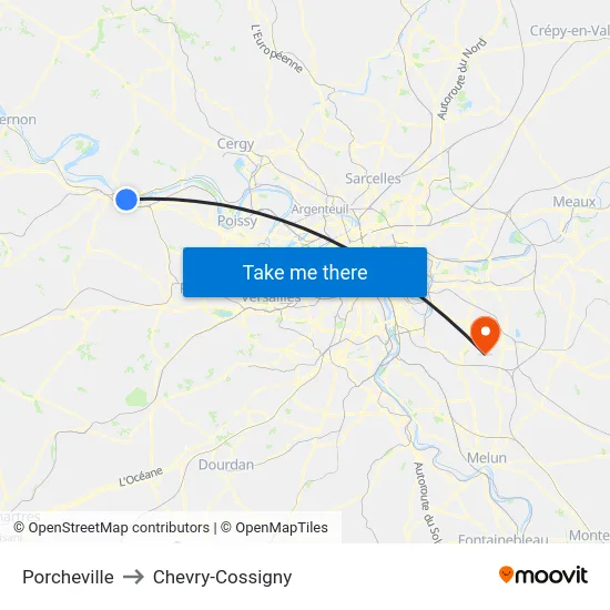 Porcheville to Chevry-Cossigny map