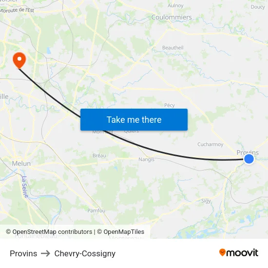 Provins to Chevry-Cossigny map