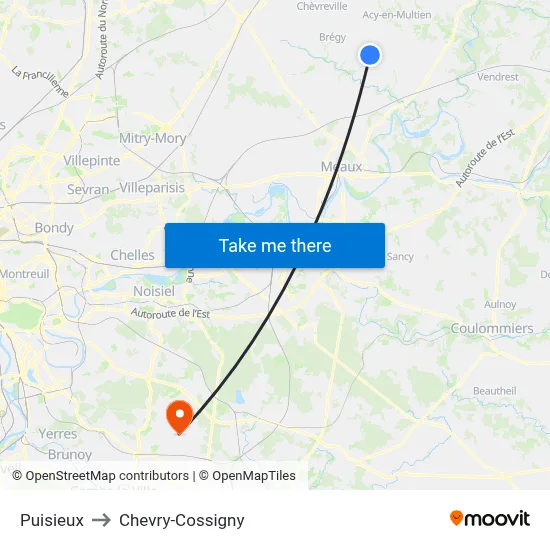 Puisieux to Chevry-Cossigny map