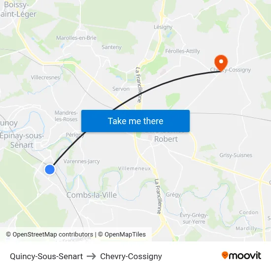 Quincy-Sous-Senart to Chevry-Cossigny map