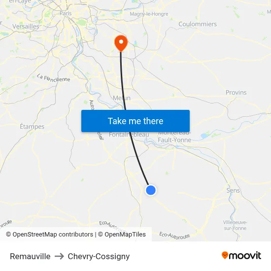 Remauville to Chevry-Cossigny map