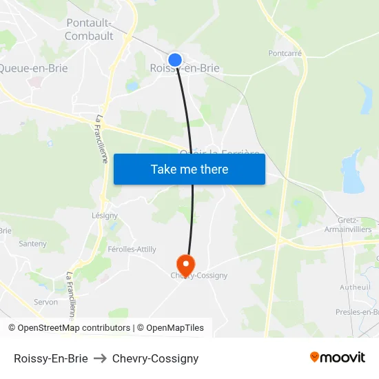 Roissy-En-Brie to Chevry-Cossigny map