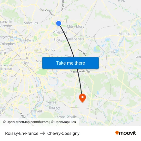 Roissy-En-France to Chevry-Cossigny map