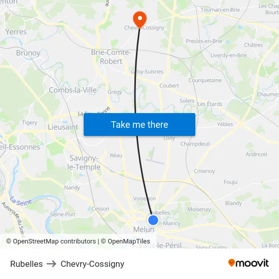 Rubelles to Chevry-Cossigny map