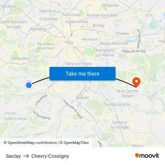 Saclay to Chevry-Cossigny map
