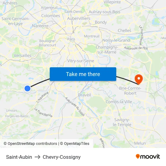 Saint-Aubin to Chevry-Cossigny map