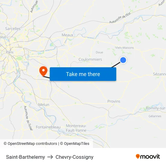 Saint-Barthelemy to Chevry-Cossigny map