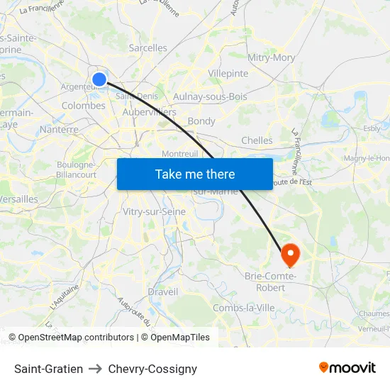 Saint-Gratien to Chevry-Cossigny map