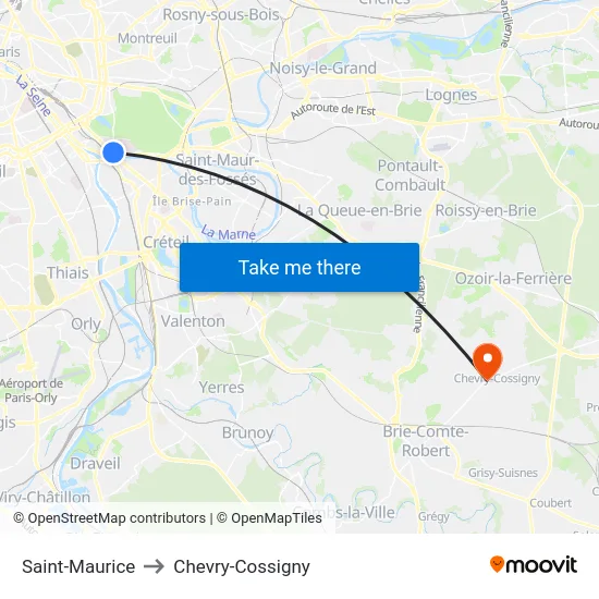 Saint-Maurice to Chevry-Cossigny map