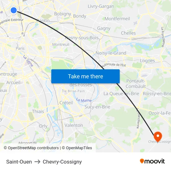 Saint-Ouen to Chevry-Cossigny map