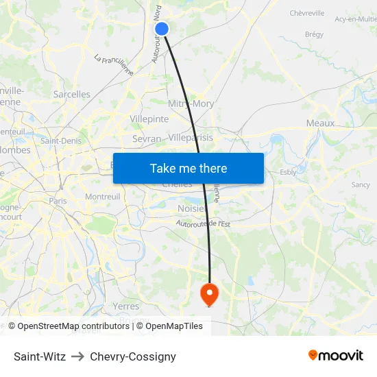 Saint-Witz to Chevry-Cossigny map