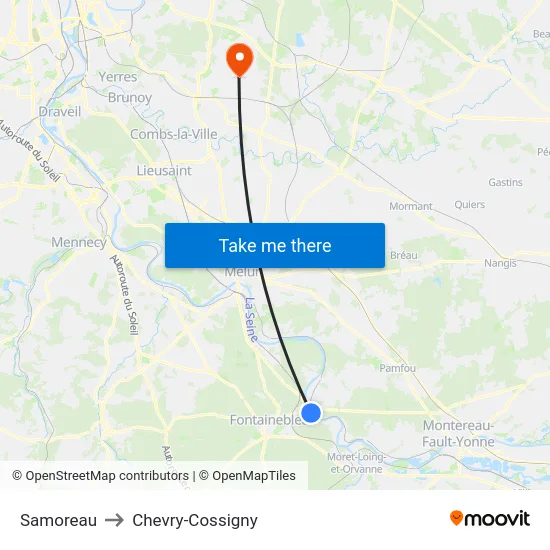 Samoreau to Chevry-Cossigny map