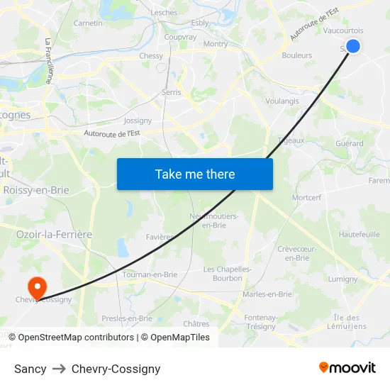 Sancy to Chevry-Cossigny map