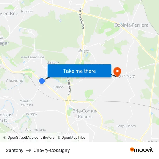 Santeny to Chevry-Cossigny map