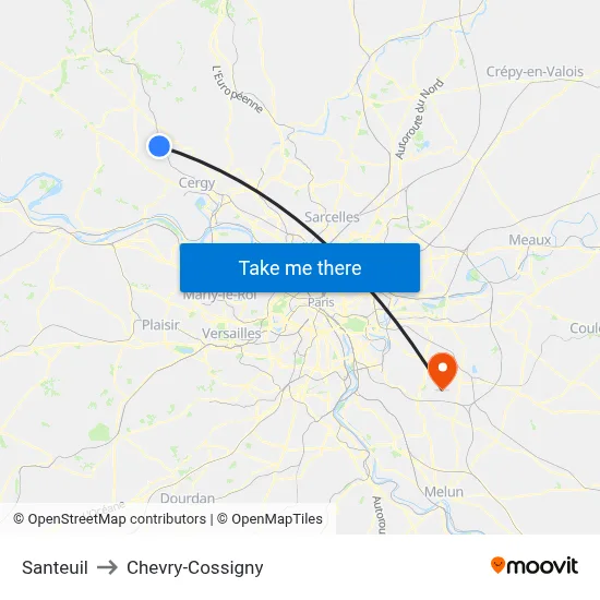 Santeuil to Chevry-Cossigny map