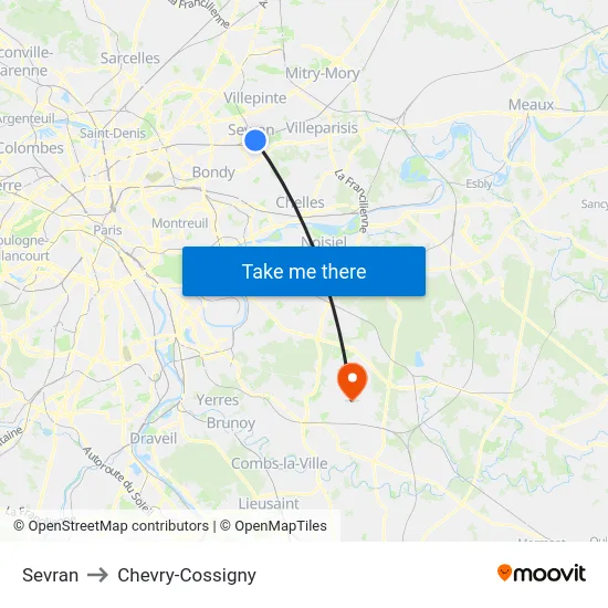 Sevran to Chevry-Cossigny map
